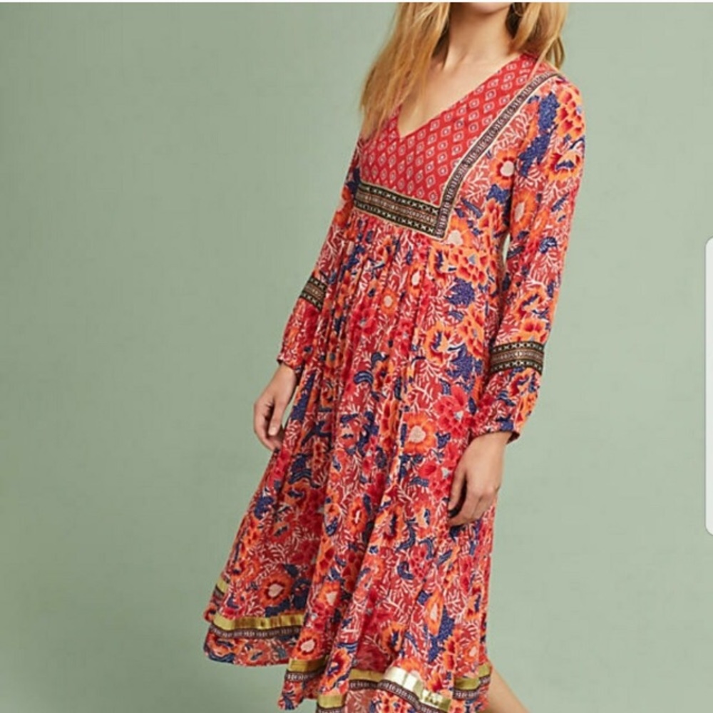 Anthropologie Orange Midi Trimmed Peasant Dress
